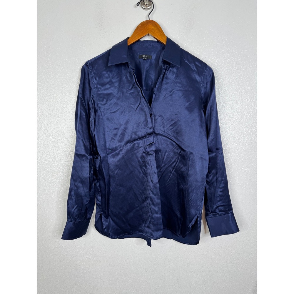 Rails Nissa Navy Blue Satin Button Down Blouse Long‎ Sleeve Shirt Womens XS